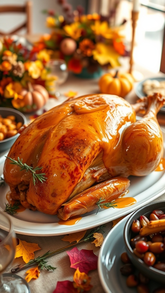 A roasted honey mustard glazed turkey on a festive table with autumn decorations.